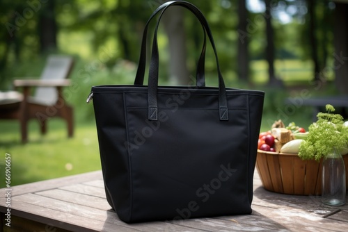 Mock-up of a black textile bag with handles