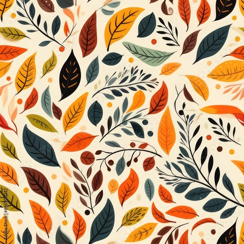 Falling Leaves. Pattern with swirling autumn leaves, simple seamless doodle.