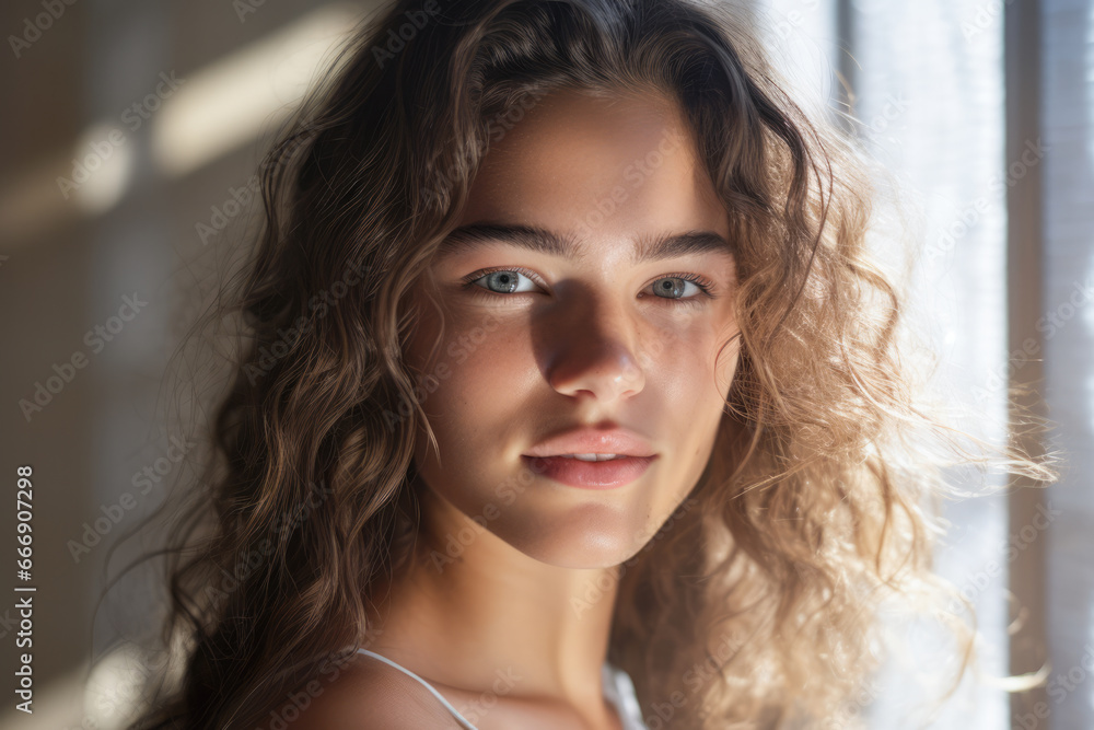Naklejka premium Portrait of a beautiful young woman with the sun on her face