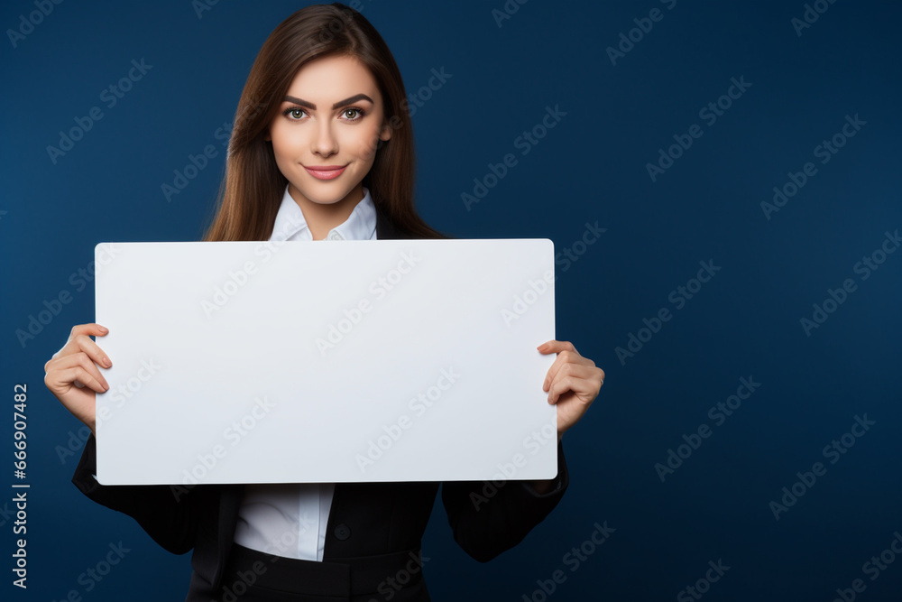 Professional business woman holding a blank empty white color board in her hand on dark background, Young lady Holding Blank Placard, Happy positive blonde business woman holding a blank billboard Professional business woman holding a blank empty white color board in her hand on dark background, Young lady Holding Blank Placard, Happy positive blonde business woman holding a blank billboard