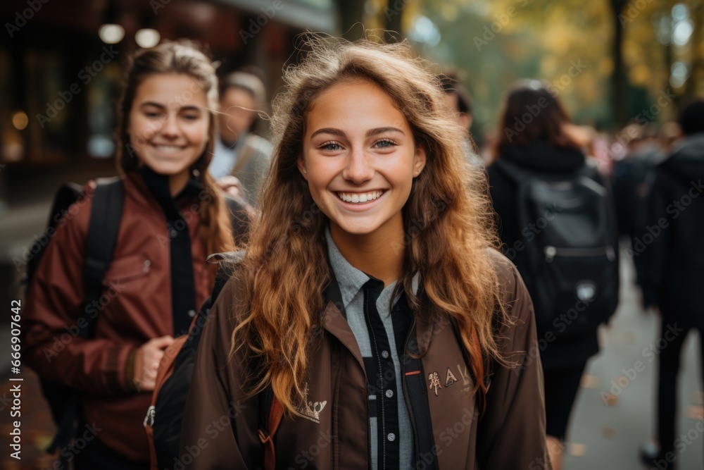 A happy student girl with friends with a backpack in an autumn park