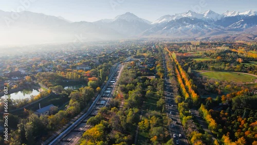 Aerial view panorama of river and mountains in Almaty