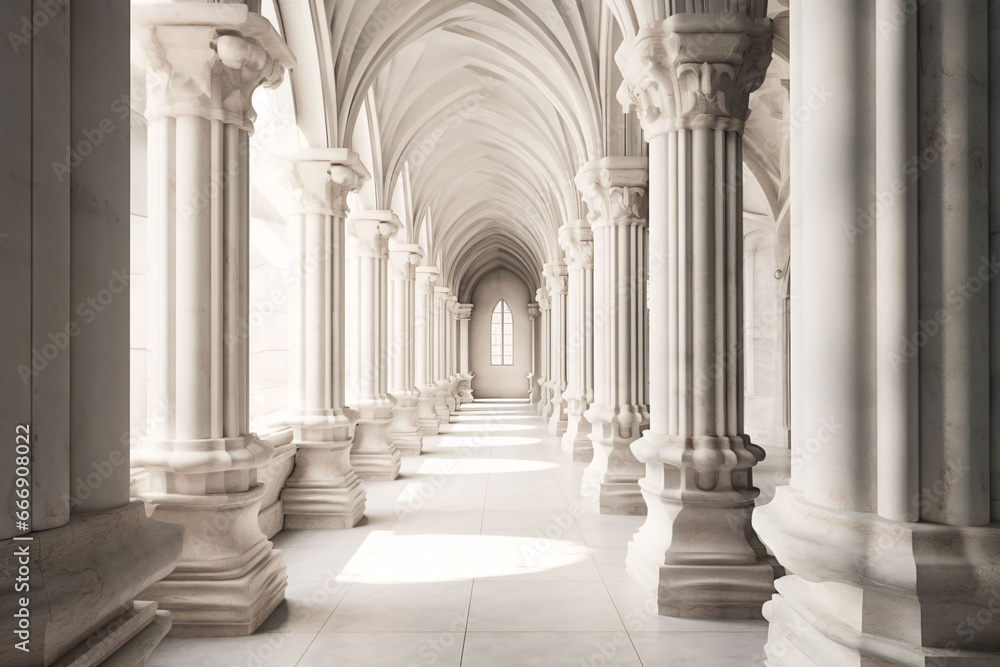 Säulengang in einem gotischen Kloster, Kreuzgang, weißer Marmor, Generative AI, KI Säulengang in einem gotischen Kloster, Kreuzgang, weißer Marmor, Generative AI, KI