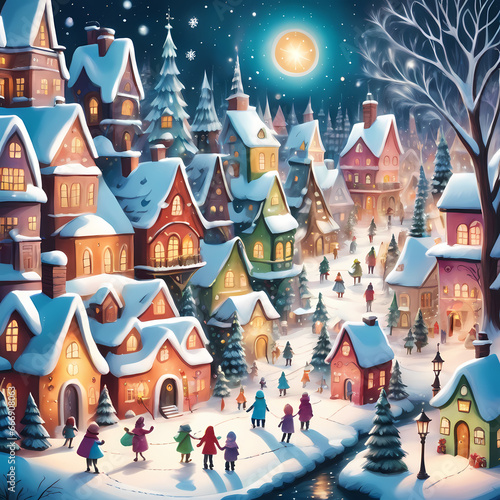 Magical winter village with whimsical houses, sparkling lights, and cheerful inhabitants. © aiartth