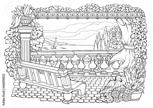 Terrace with a bench, balustrade, landscaped gardens. Coloring page. Vector.