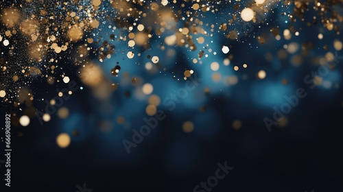 Bokeh lights, gold on a dark blue background, graphic design background