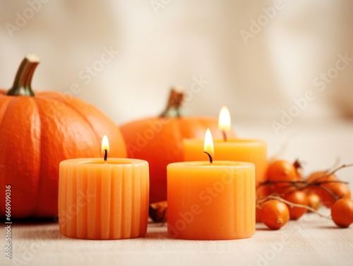 Candles with the aroma of pumpkin spices burning on a table © keystoker