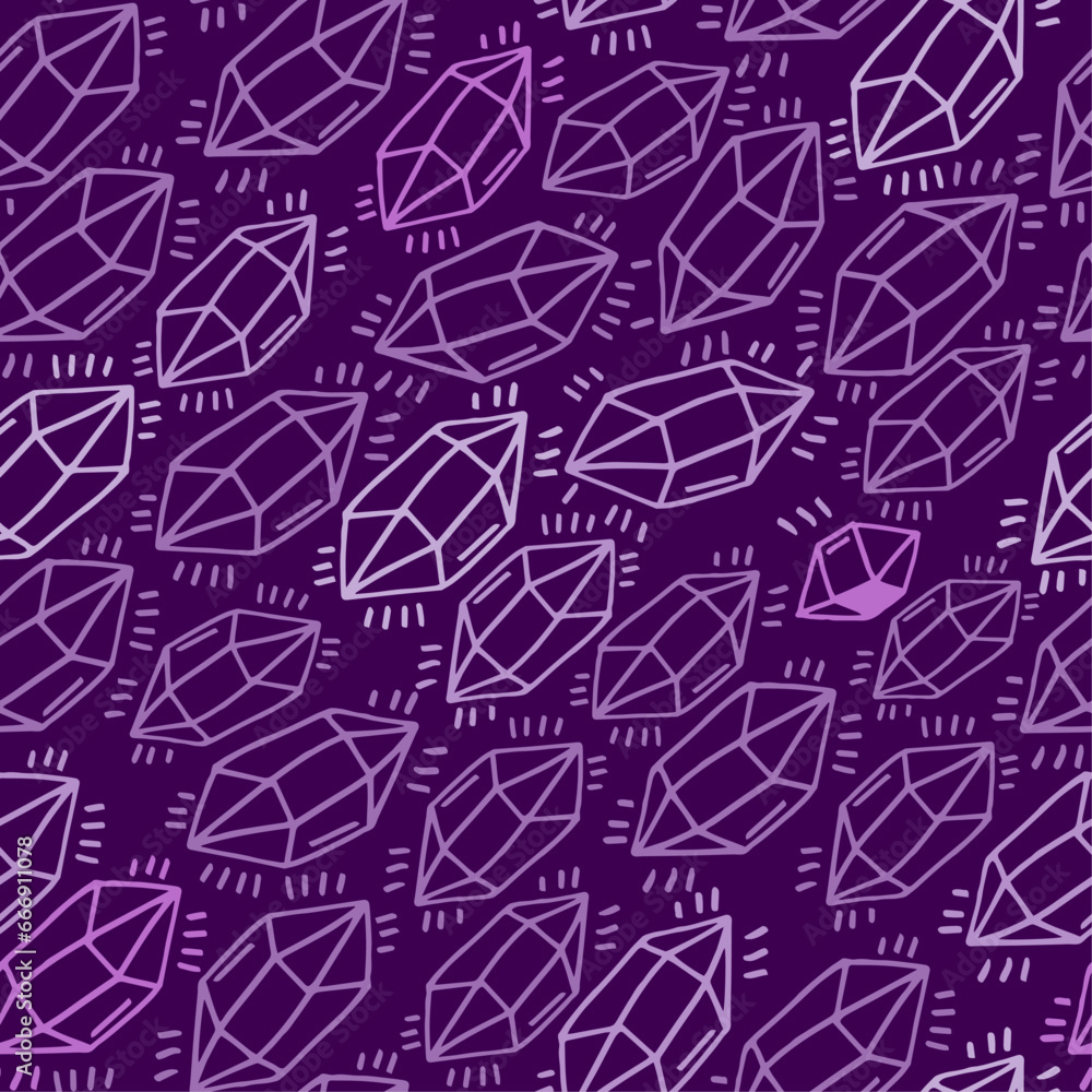 Geometric seamless pattern with hand drawn doodle crystals, diamonds, gemstones, minerals. Esoteric and mystical, abstract violet background.