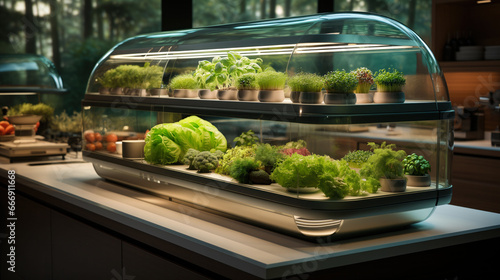 Modern kitchen countertop featuring a transparent greenhouse appliance, displaying fresh herbs and vegetables in a futuristic setting. 