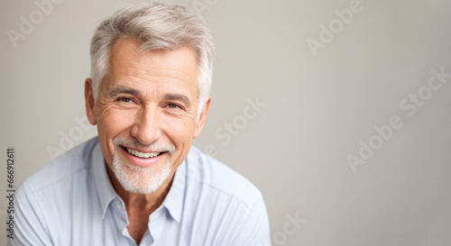 Beautiful gorgeous 50 60 years old, beautiful elderly senior model man with grey hair laughing and smiling. Mature old grandfather close up portrait. happy healthy active old age. Generative AI