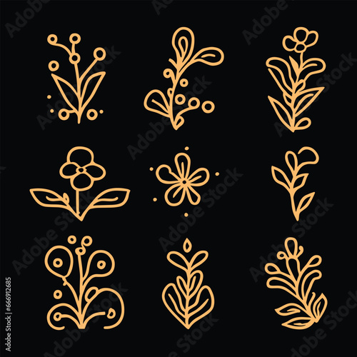 Islamic Gold leaf flower ornaments Set on the background in vector. Hand-drawn sketch doodle golden leaves floral element for Vector illustration.
