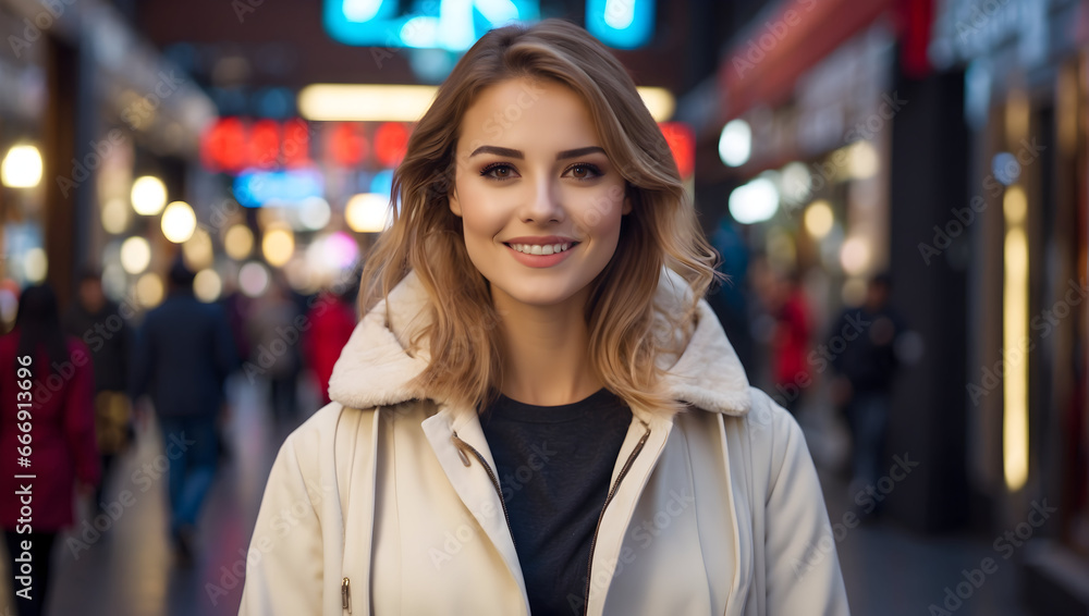 happy young woman in an elegant clothes coat on sale in the mal happy young woman in an elegant clothes coat on sale in the mal