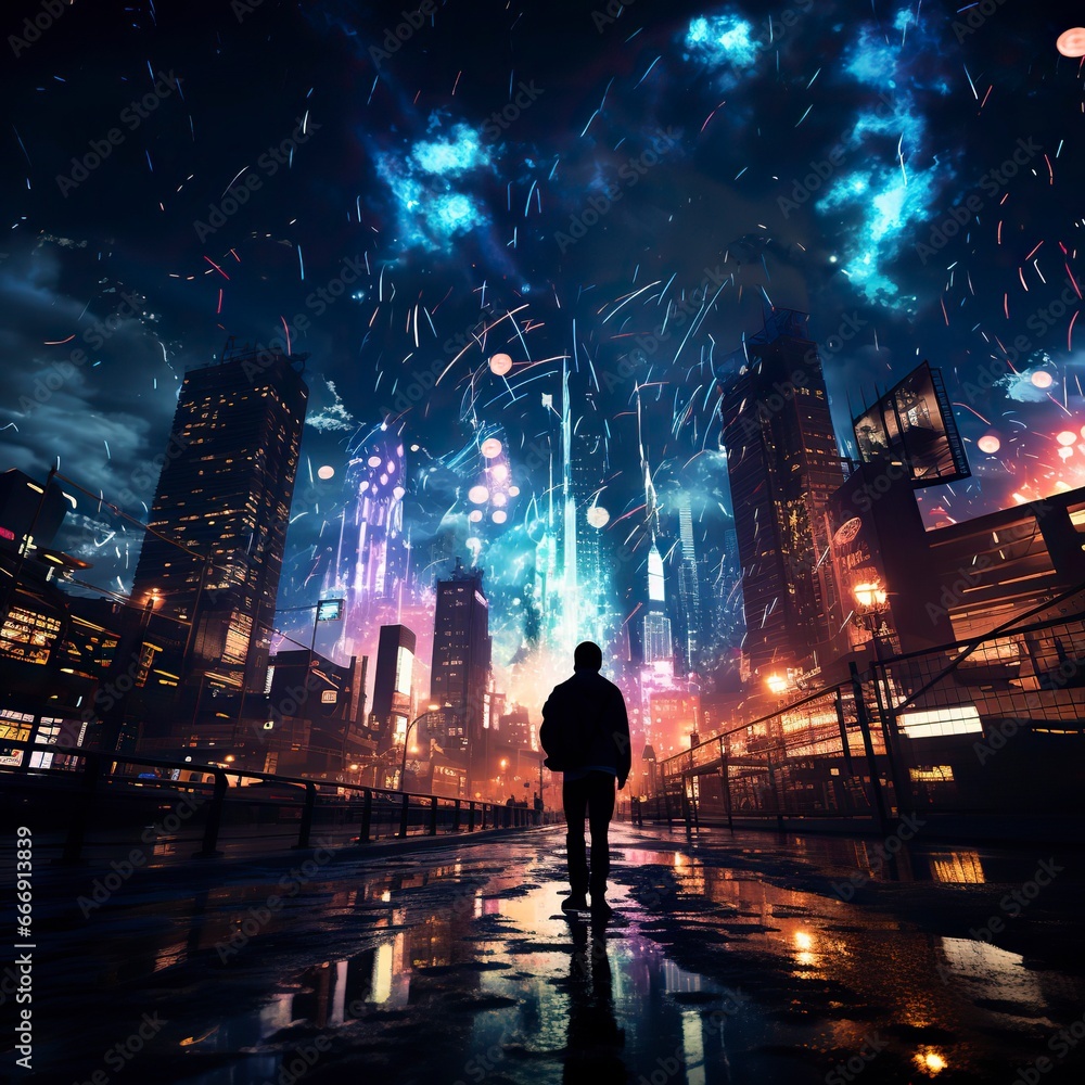 A glittering cityscape on New Years Eve with fireworks, Fireworks at Night, Colorful firework A glittering cityscape on New Years Eve with fireworks, Fireworks at Night, Colorful firework