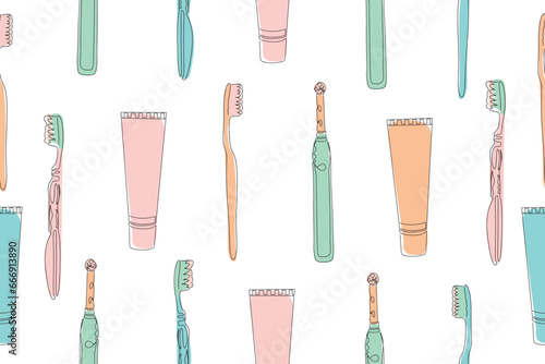 Seamless pattern of toothbrushes and toothpaste. Vector. Vector illustration