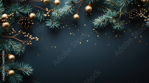 Christmas dark blue background with Dhristmas tree and golden berries, sparkles, blank space for graphic design photo