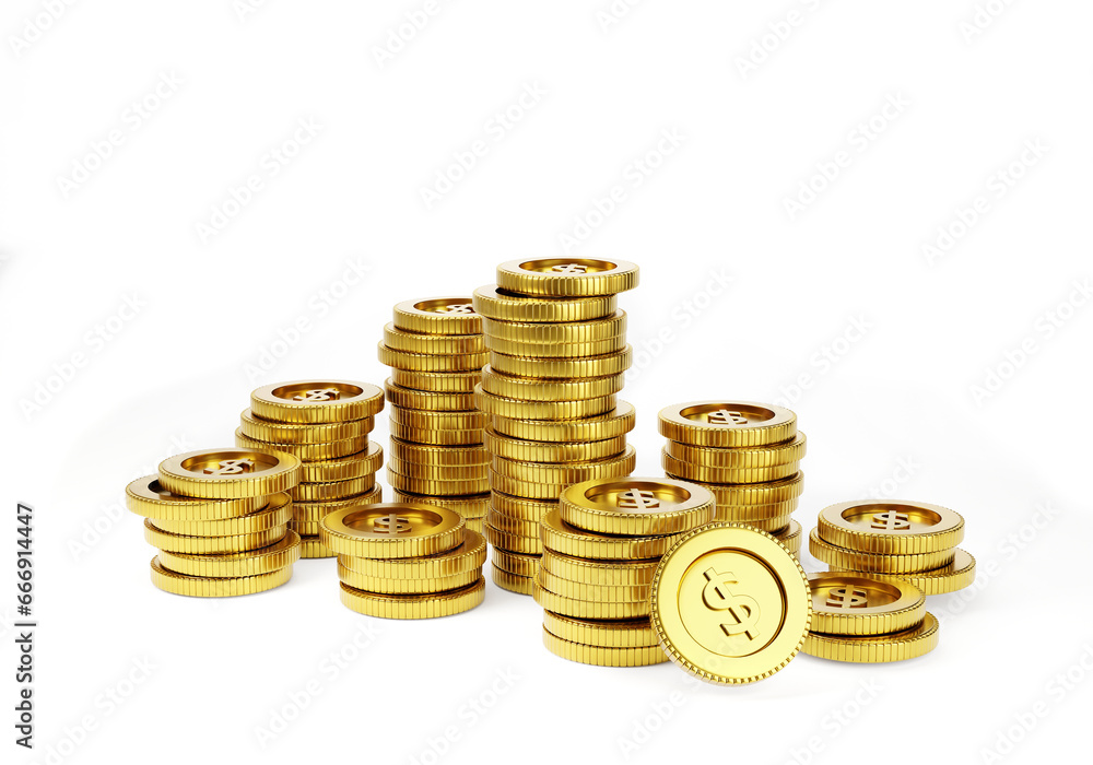 Gold finance coin or money currency cash on white background with pile of treasure coins. Image 3D rendering. Gold finance coin or money currency cash on white background with pile of treasure coins. Image 3D rendering.
