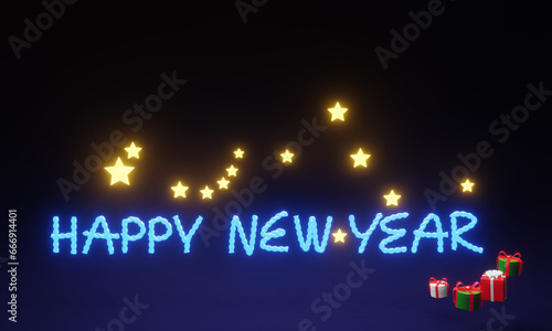 Happy New Year Holiday with gift boxes, stars and dark blue background. Image 3D rendering.