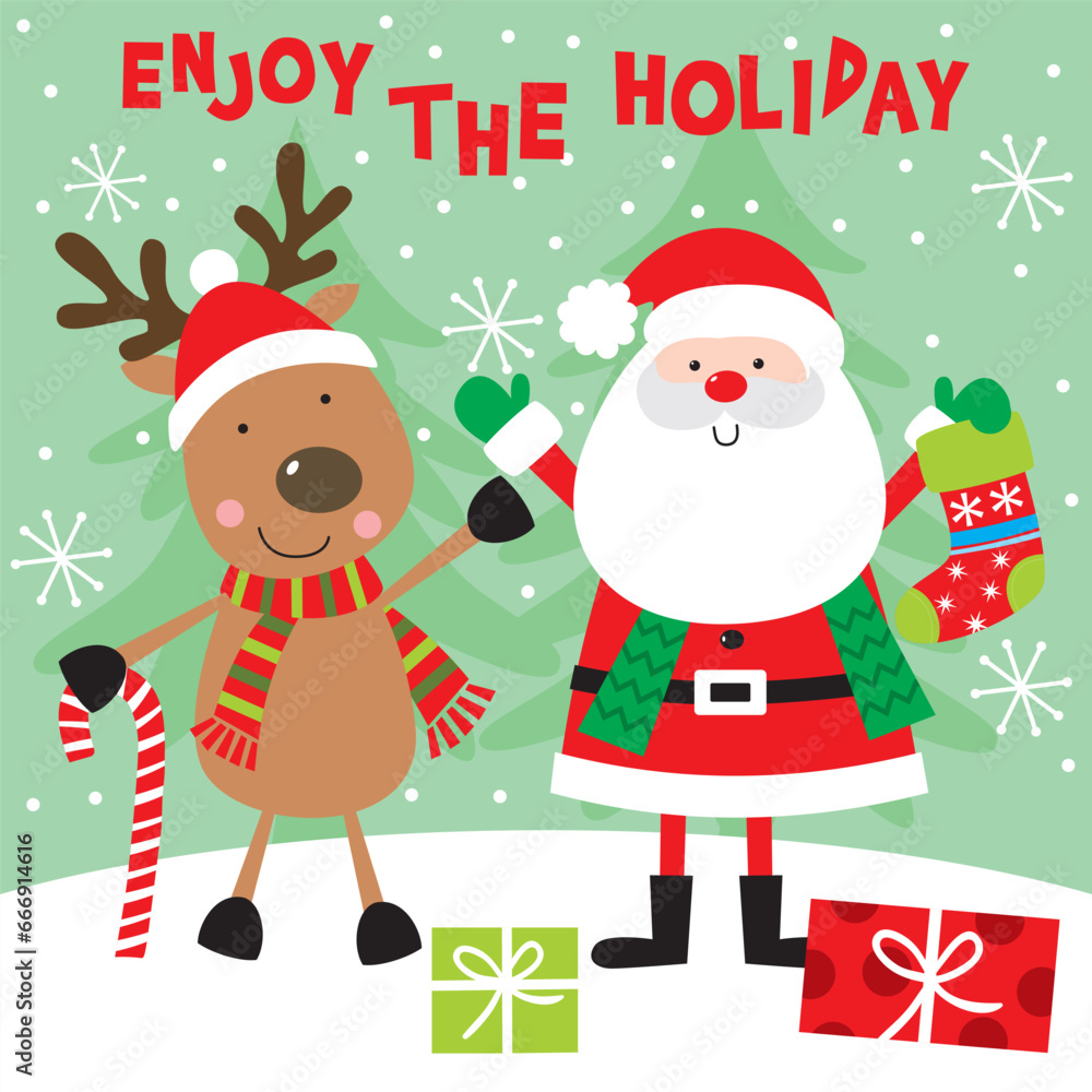 christmas card with Cute Santa Claus and Reindeer 