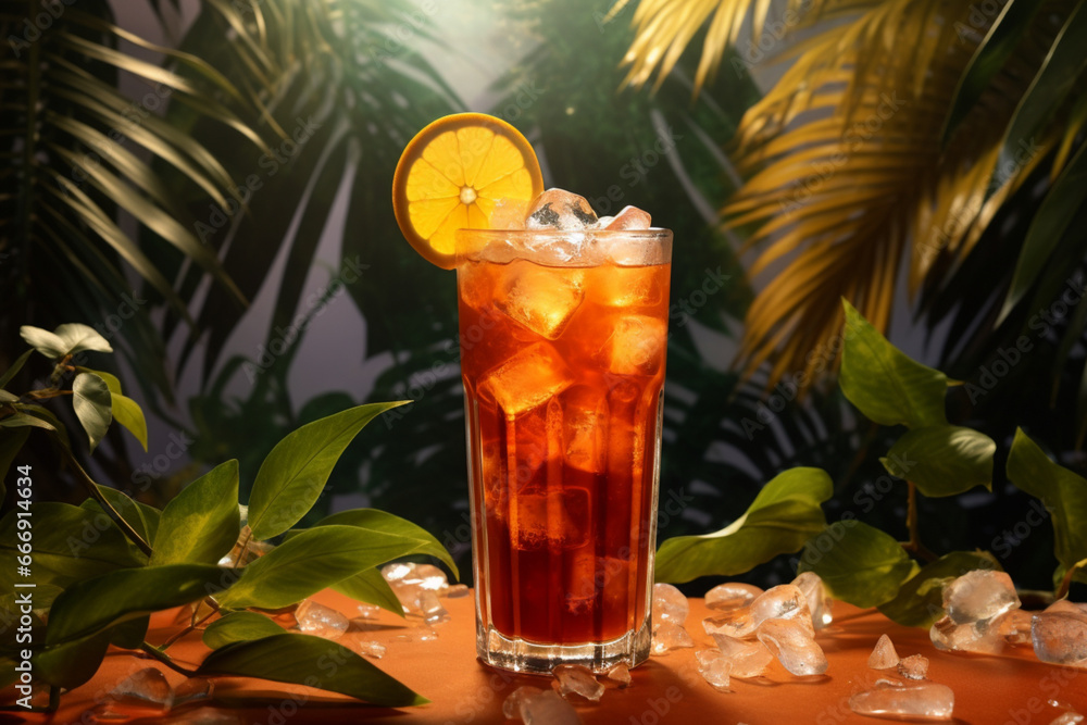 iced tea with crashed ice in a transparent tall glass on tropical background with leaves, space for text or promo, aesthetic look