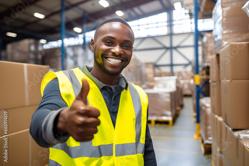A distribution centre worker giving thumbs up while smiling at the camera photo