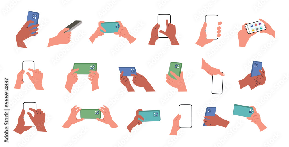 Obraz premium A hand is holding a smartphone both horizontally and vertically, with a blank screen displayed. The cell phone is being operated using a finger to touch the blank white screen display.