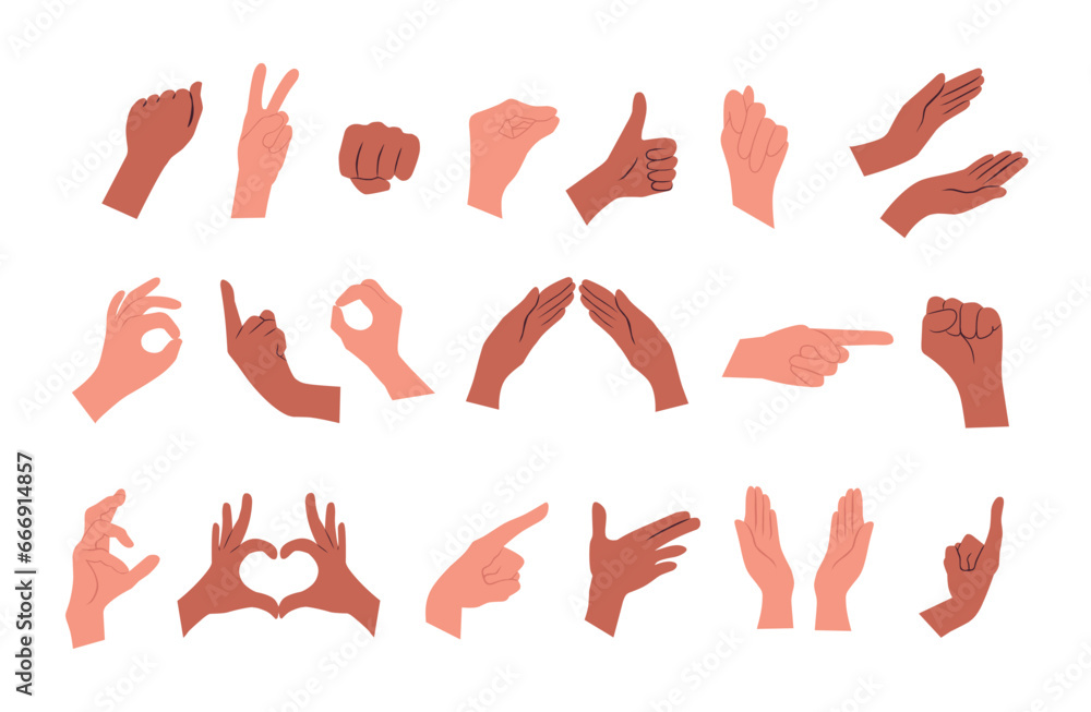 Hands poses. Female hand holding and pointing gestures, fingers crossed, fist, peace and thumb up. Cartoon human palms and wrist vector set. Communication or talking with emoji for messengers.
