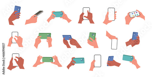 A hand is holding a smartphone both horizontally and vertically, with a blank screen displayed. The cell phone is being operated using a finger to touch the blank white screen display.