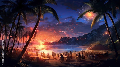 A New Years party on a tropical beach palm trees. 
