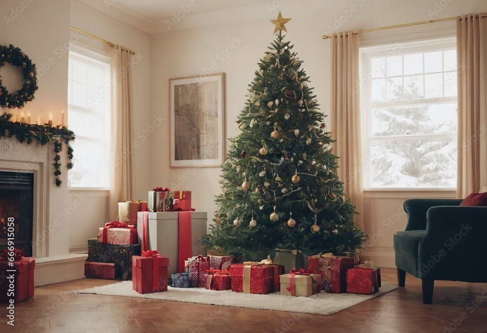 The background of the winter Christmas holiday with green fir branches and decorations, a Christmas tree and gifts in the interior. The background of the winter Christmas holiday with green fir branches and decorations, a Christmas tree and gifts in the interior.