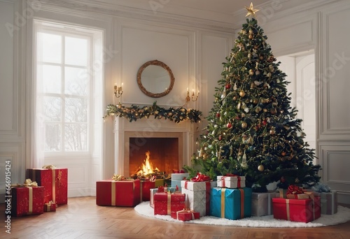 The background of the winter Christmas holiday with green fir branches and decorations, a Christmas tree and gifts in the interior. © German