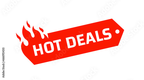 Hot Deals vector icon. Flat hot sale tag promotion fire banner, price tag, hot deal, sale, offer, price. Isolated on a white background