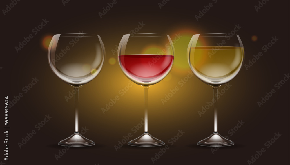 Set of vector transparent red wine glasses with drinks Set of vector transparent red wine glasses with drinks