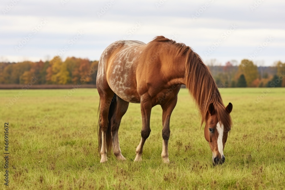 Fototapeta premium a tethered horse grazing in an open field