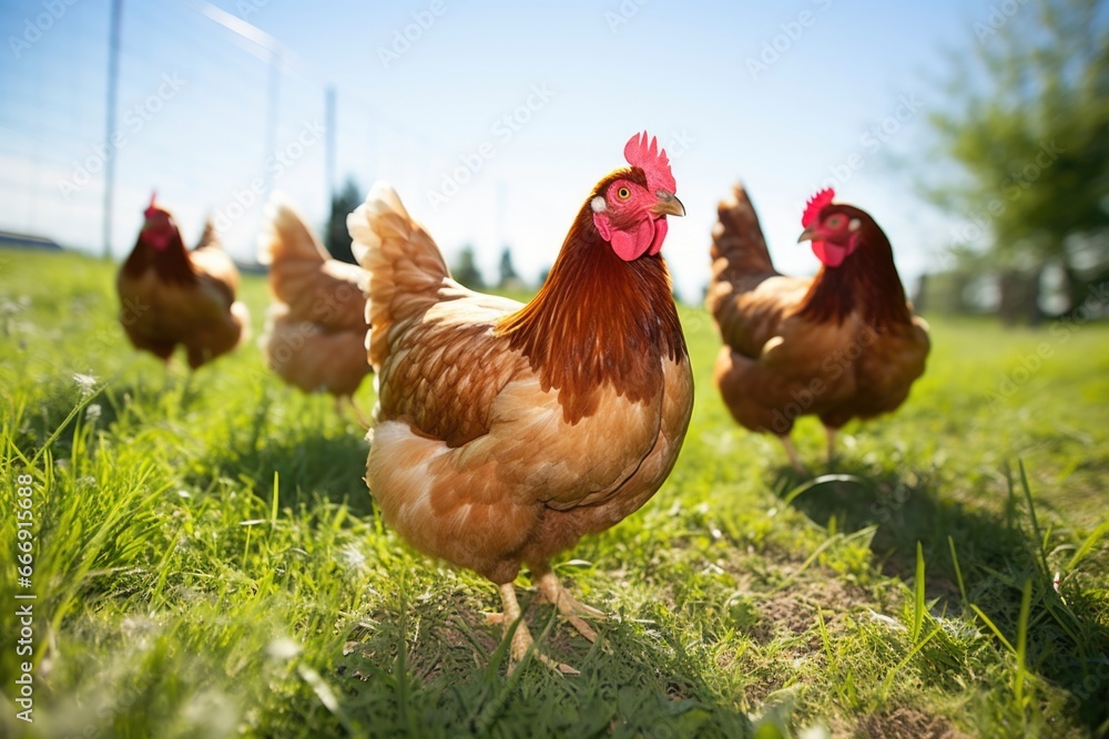 Fototapeta premium a group of chickens roaming freely on a sunny meadow