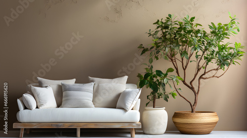White fabric sofa with pillows, side table with potted plant against beige wall with copy space. Scandinavian home interior design of modern living room