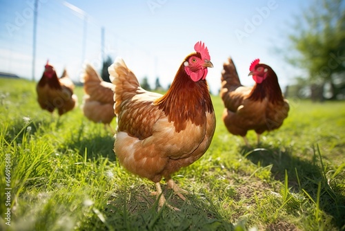 a group of chickens roaming freely on a sunny meadow