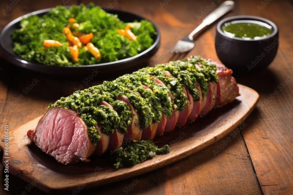 fresh argentinian asado with a side of chimichurri - obrazy, fototapety, plakaty 