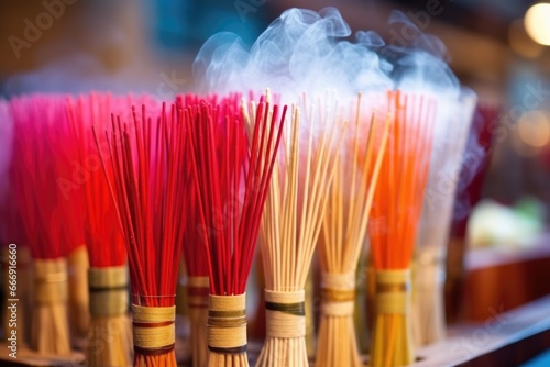 fresh incense sticks on a bamboo stick rack