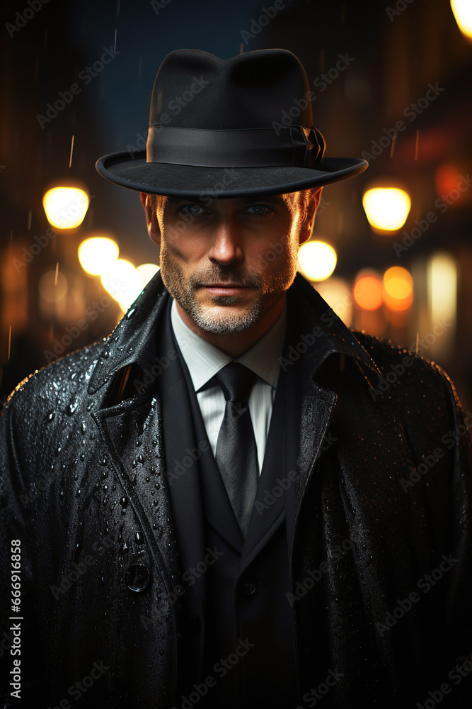 portrait of a male detective in a hat on street in the city at night in the rain
