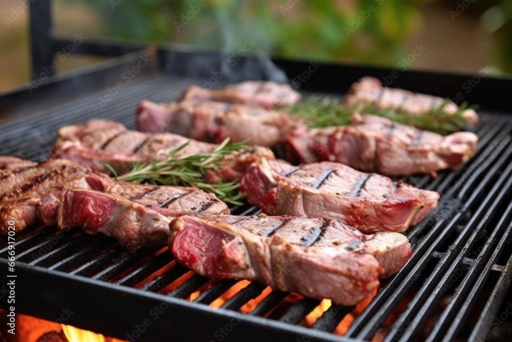 close-up of lamb chop being seasoned on a grill close-up of lamb chop being seasoned on a grill