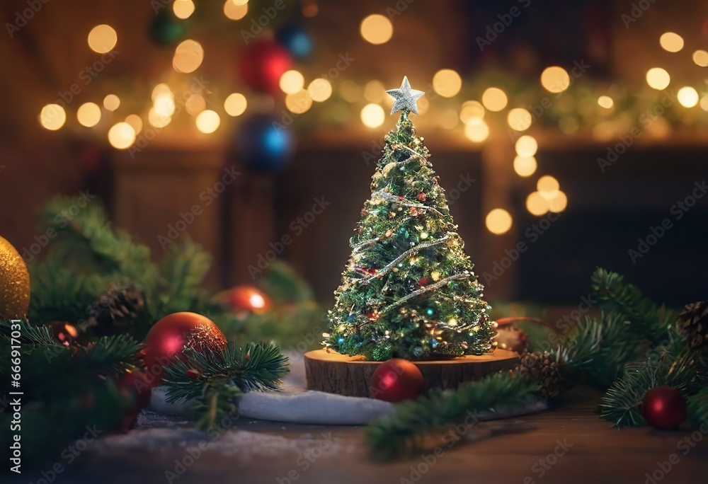 The background of the winter Christmas holiday with green fir branches and decorations, a Christmas tree and gifts in the interior. The background of the winter Christmas holiday with green fir branches and decorations, a Christmas tree and gifts in the interior.