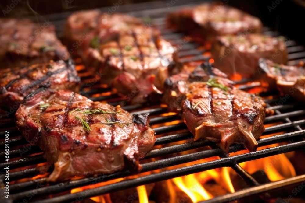 lamb chops sizzling on a grill with visible heat waves