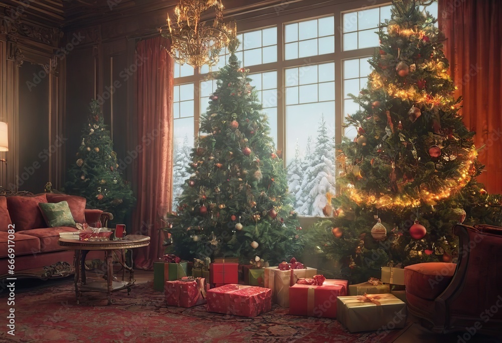 The background of the winter Christmas holiday with green fir branches and decorations, a Christmas tree and gifts in the interior.