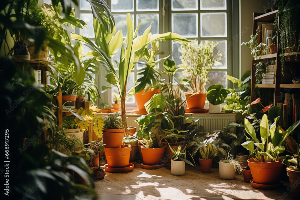 Houseplants growing next to each other in a room, aesthetic look