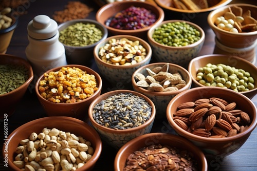 a selection of mixed nuts and seeds in ceramic bowls