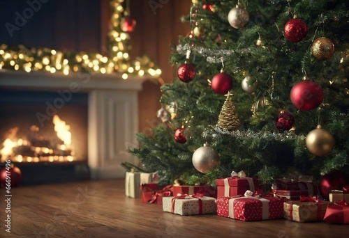 The background of the winter Christmas holiday with green fir branches and decorations  a Christmas tree and gifts in the interior.