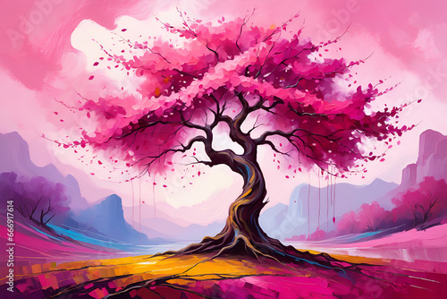 Digital Painting Landscape with a Unique Pink-Leaved Tree