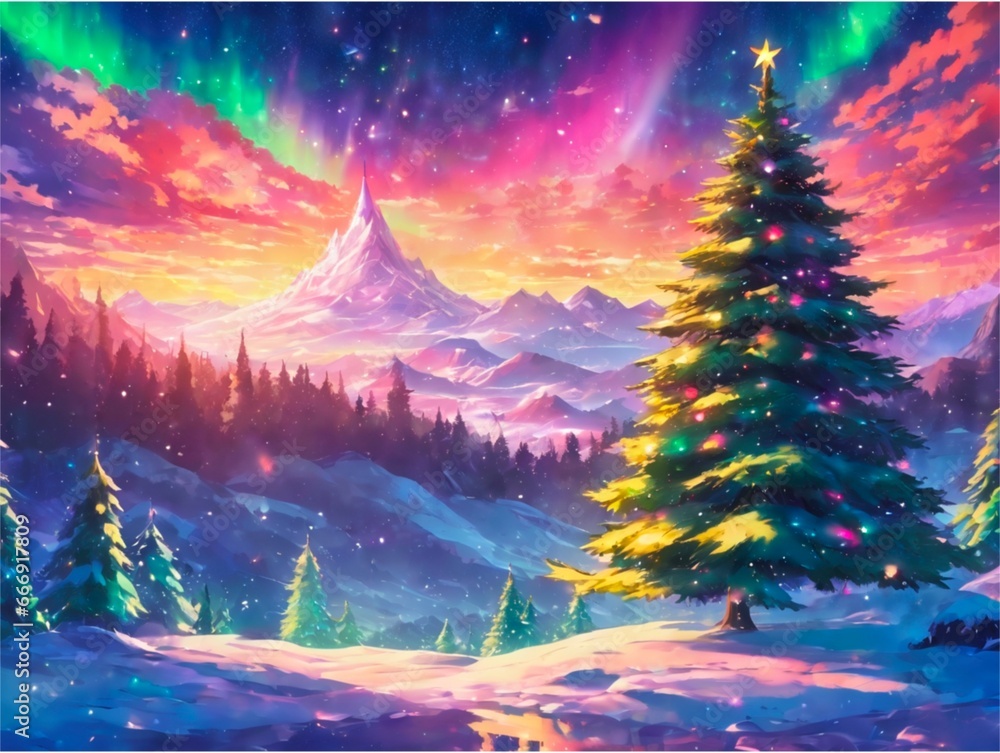 Fototapeta premium Snowman and Aurora Borealis Background 