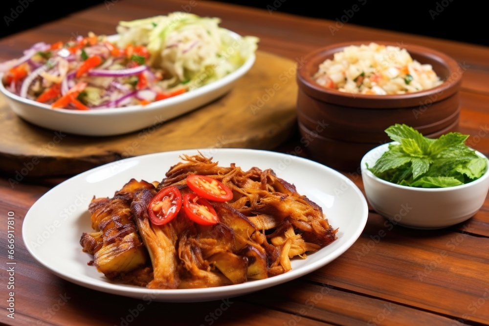 bbq jackfruit with a side of coleslaw on a wooden table bbq jackfruit with a side of coleslaw on a wooden table