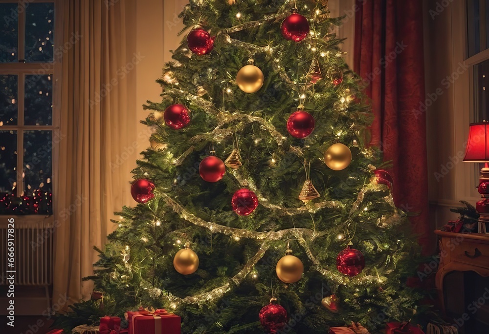 The background of the winter Christmas holiday with green fir branches and decorations, a Christmas tree and gifts in the interior. The background of the winter Christmas holiday with green fir branches and decorations, a Christmas tree and gifts in the interior.